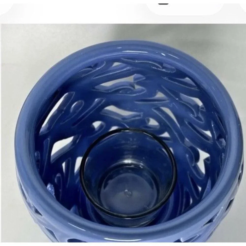 Partylite Waves Blue Votive Holder, Retired Coastal Glass Candle Holder NIB
